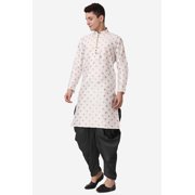 Royal Kurta Elegant Cream Jacquard Silk Printed Long Kurta and Black Salwar for Men