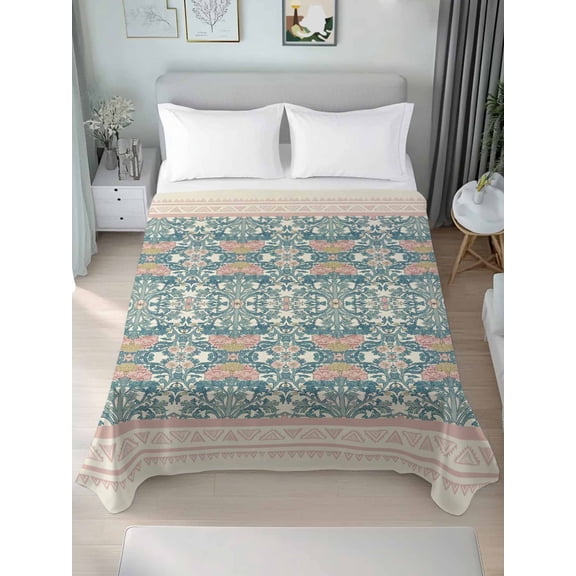 Teal Pink Geometric King Size Flat Sheet, Wrinkleproof & Fadeproof Cooling Flat Bed Sheet Only, Vintage Floral Watercolor Boho Breathable Soft Bedding Top Sheets 105 x 98 Inches