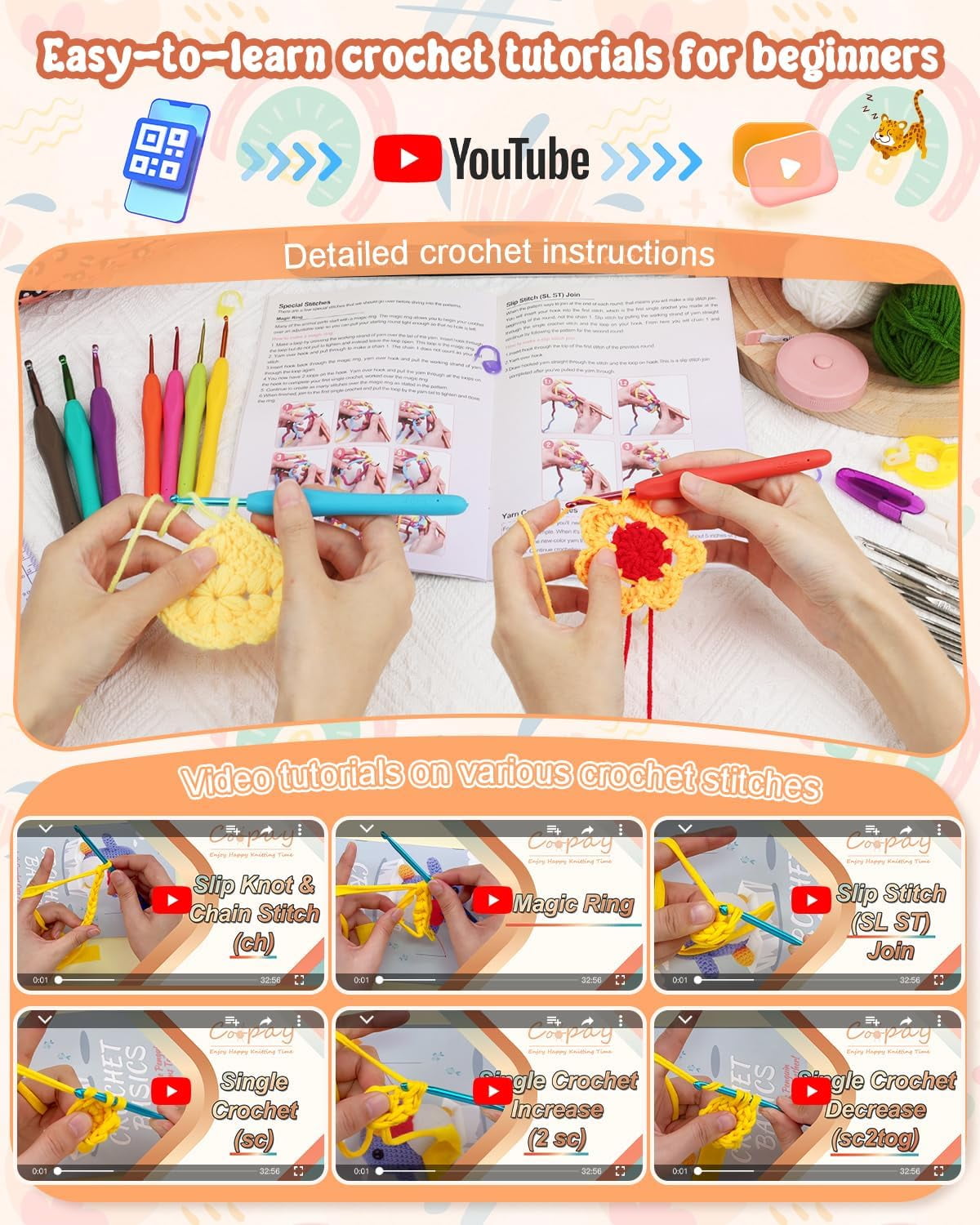 Crochet Kit Beginners Hook Set with Yarn,58PCS Portable Ergonomic Hooks Travel Knitting Supplies