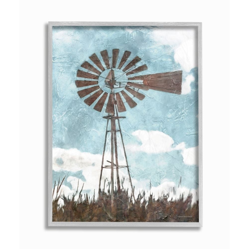 Stupell Industries Farm Windmill Blue Brown Painting Gray Framed Art Print Wall Art, 11x14, by Bluebird Barn