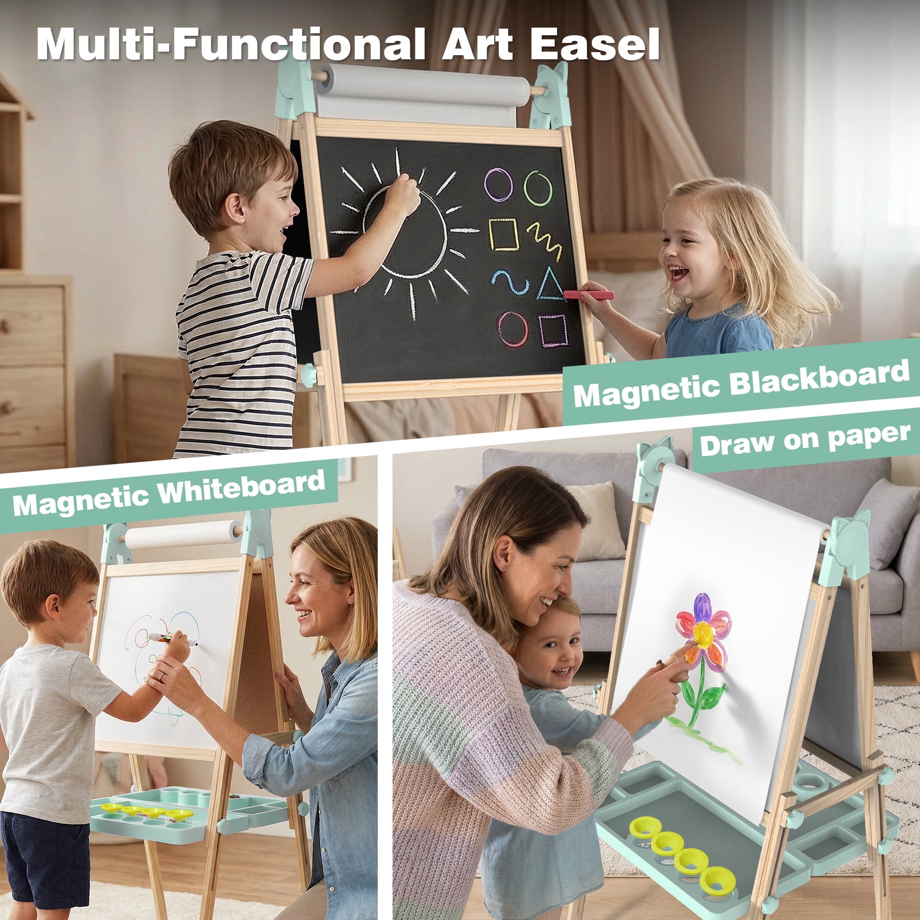 JOYOOSS Easel for Kids Ages 4-8 Easels for Toddlers Art Kids Easel Age 8-12 Wooden Drawing Easels Double-Sided Magnetic Whiteboard Chalkboard with Paper Roll for Kid Dry Erase Board G