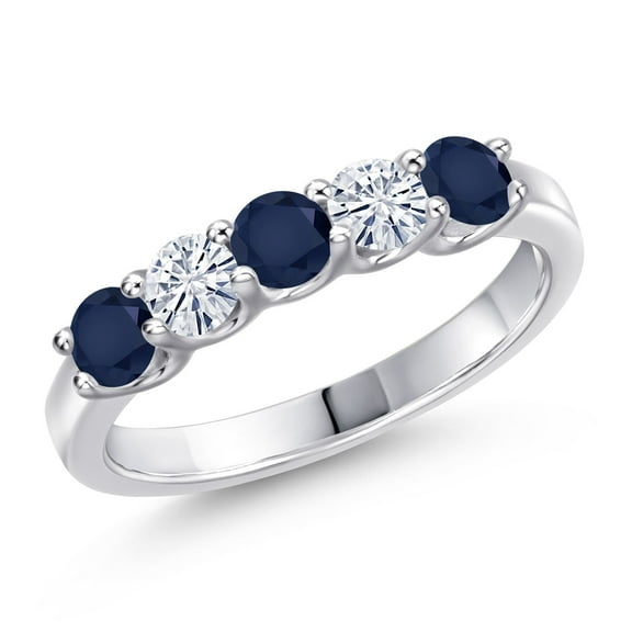Gem Stone King 925 Sterling Silver Blue Sapphire and White Moissanite Wedding-Bands Ring for Women | 0.98 Cttw | Round 3.5MM | Gemstone September Birthstone | Size 7