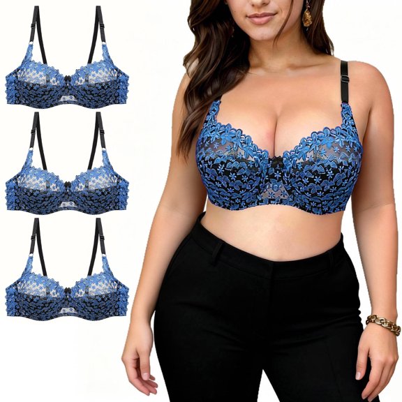 VBVC Women's 3-Pack Floral Lace Underwire Bra,Full Coverage Support Everyday Bra For Women,Ladies' Comfort T-Shirt Bra with Adjustable Straps,Blue,L-5XL