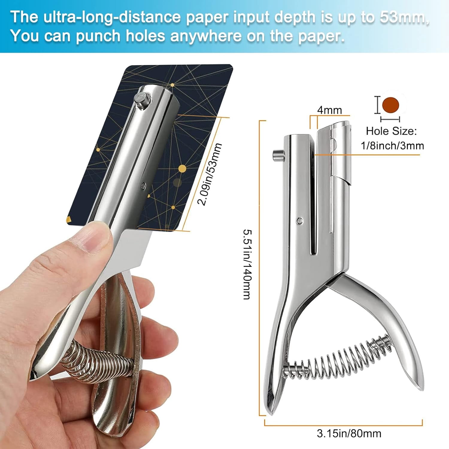 ABCISI 1/8 Inch Single Hole Punch - 2 Inch Reach Deep Throat Heavy Duty Paper Punch - Portable Hand Held Long Reach for ID PVC Cards Plastic Cardboard Photos