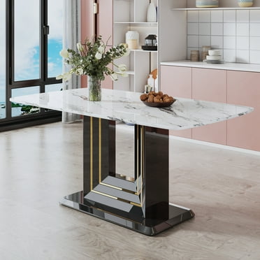 Mercase 63" Modern Faux Marble Dining Table for 6-8, Rectangular Kitchen dining room table, Black MDF Legs with Gold Lines and Black Base, Kitchen Tables for Living Room/Office/Ballroom, White