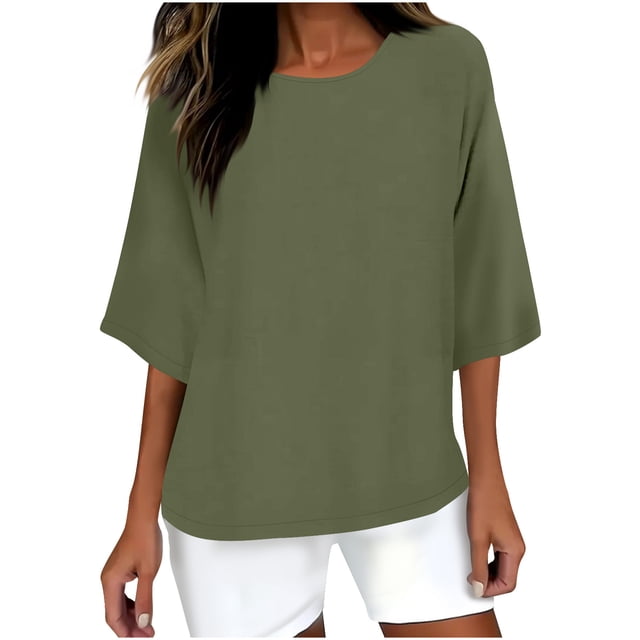 Liquidation d'Été Staron Hauts d'Été Amples pour Femmes Col Rond Coton Lin Grande Taille Tunique Habillée Manches 3/4 Blouses