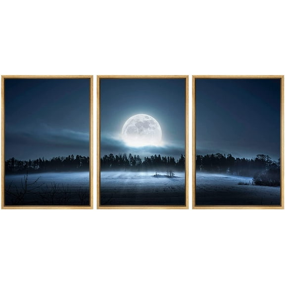 wall26 - 3 Piece Framed Canvas Wall Art - The Moon Rising Over The Forest and Meadow in The Cold and Misty Morning - Modern Home Art Stretched and Framed Ready to Hang - 16"x24"x3 NATURAL