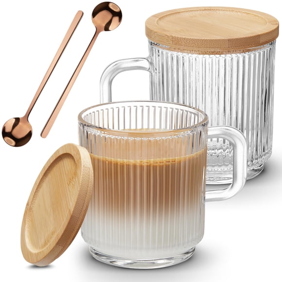 Juego de tazas de café de vidrio Mfacoy de 12 onzas con mango y cuchara+tapa, 2 unidades