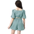 thumbnail image 2 of Girl Clothes Set 2 Piece Outfits Fashion Square Collar Puff Sleeve Crop Top Drawstring Pocket Shorts for Summer7-8Years, 2 of 6