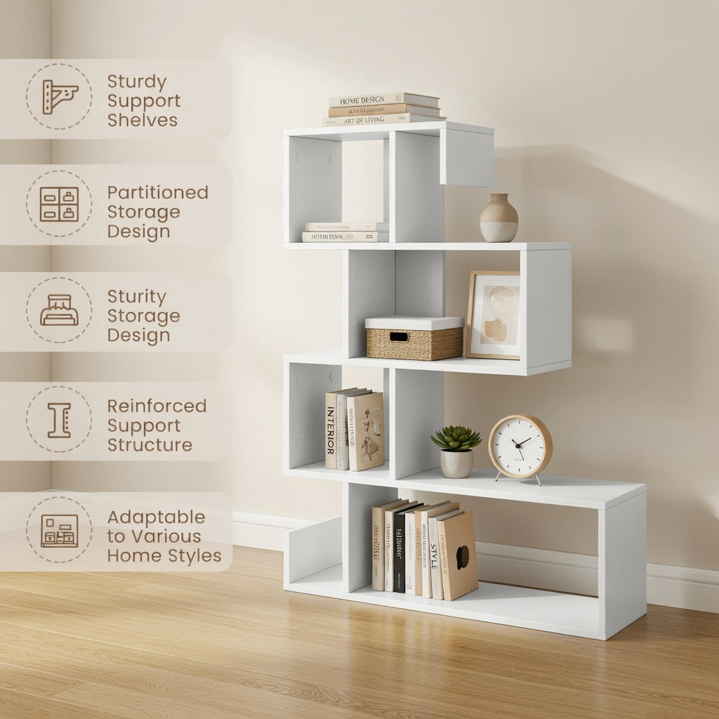 Demi Bonn 5-Tier S-Shaped Bookshelf Geometric Z-Shelf Bookcase with Open Cubes, White