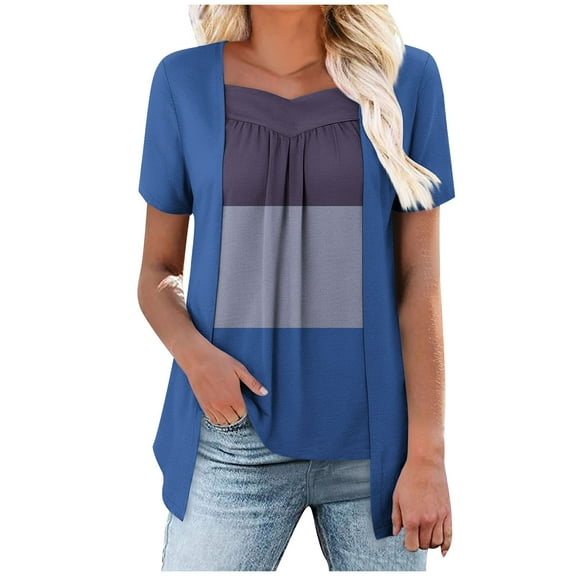 Fesfesfes Women's Fashion T-shirt Short Sleeve Color Block Layered Tops Printed Fake Two Piece Summer Casual Round-Neck Casual Blouses(Blue,L)