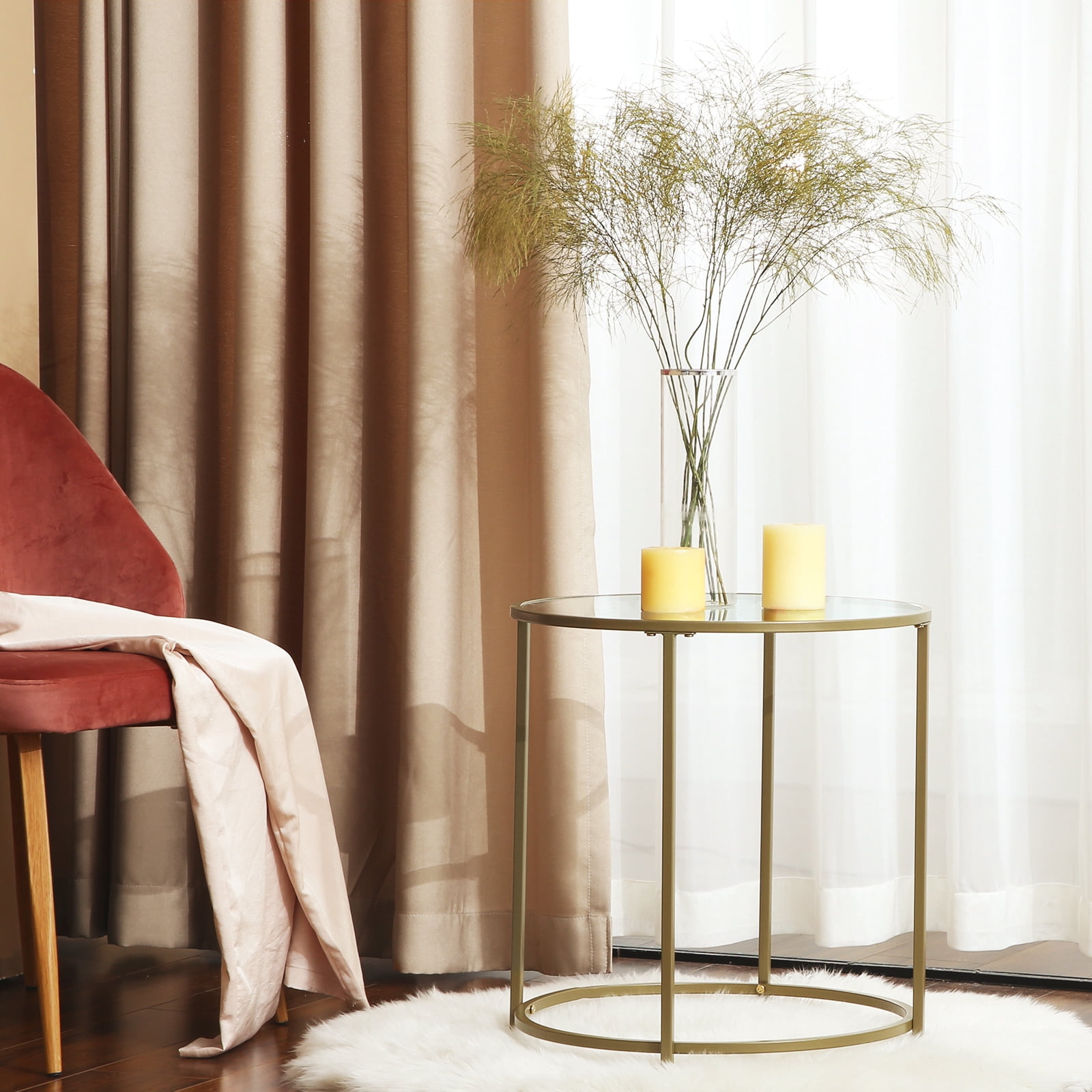 Round End Table Gold Side Table Nightstand with Metal Frame Coffee Table for Living Room Bedroom Gold