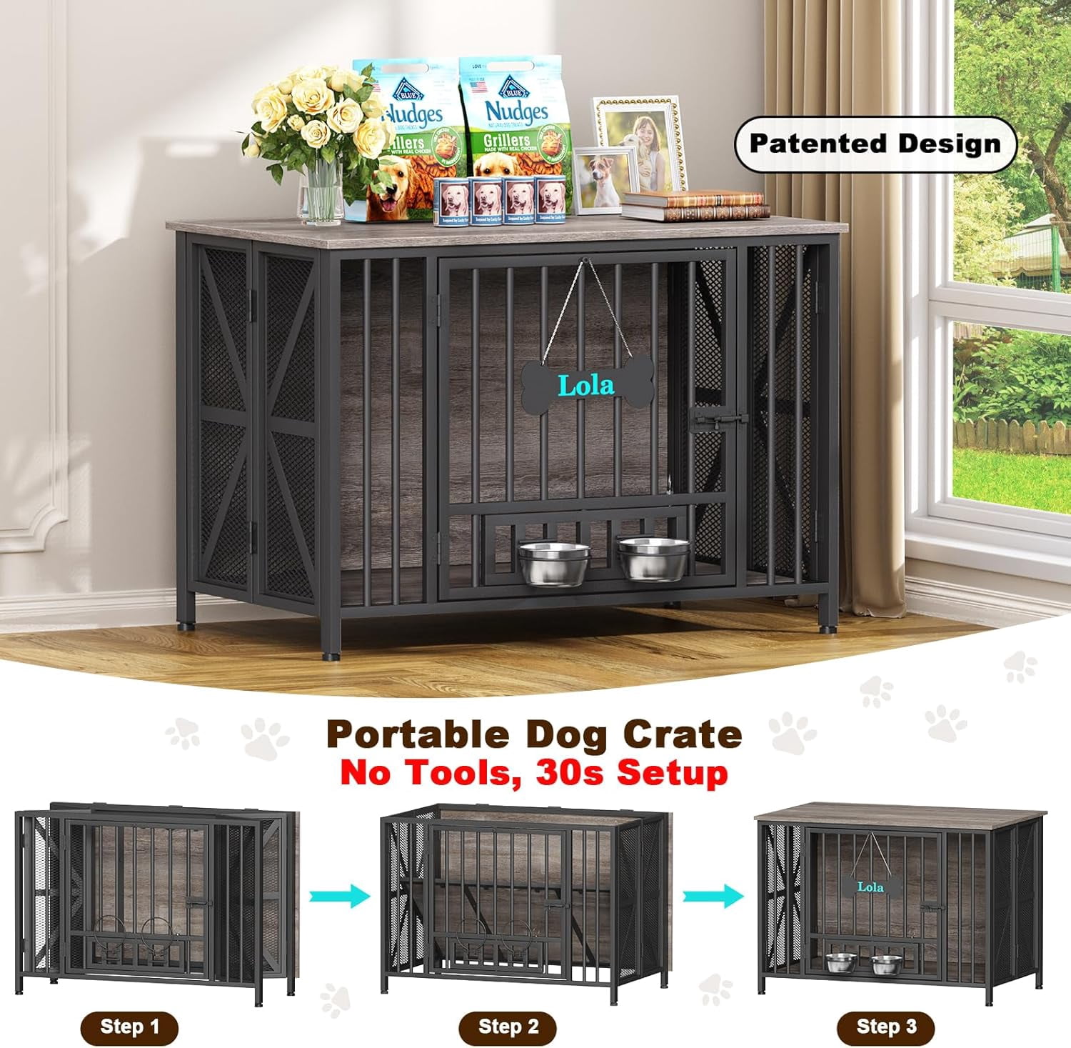 POAO 41" Foldable Dog Crate Furniture, Assembly-Free Dog Crates for Large Dogs,Dog Kennel Indoor with Tag & Adjustable Dog Bowls,Oak Grey