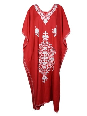 Mogul Women Red Maxi Dress Caftan White Floral Embroidered Kimono Sleeves Resort Wear House Dress 2XL