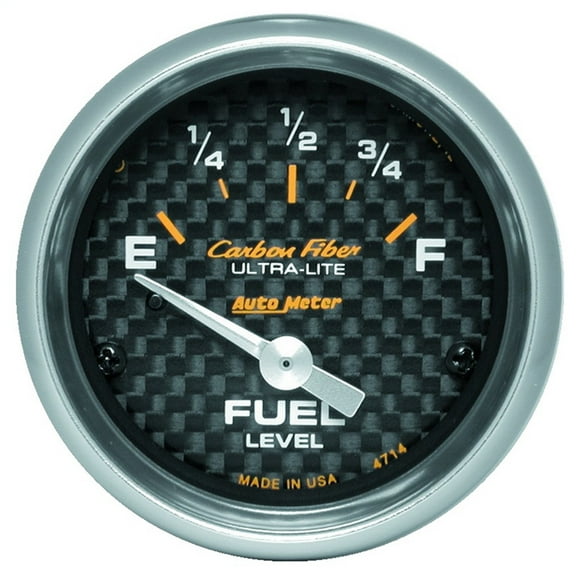 AutoMeter 4714 Carbon Fiber Electric Fuel Level Gauge; 2-1/16 in.; Carbon Fiber Dial Face; Silver Pointer; White Incandescent Lighting; Electric Air-Core; 0 Ohms Empty /90 Ohms Full;