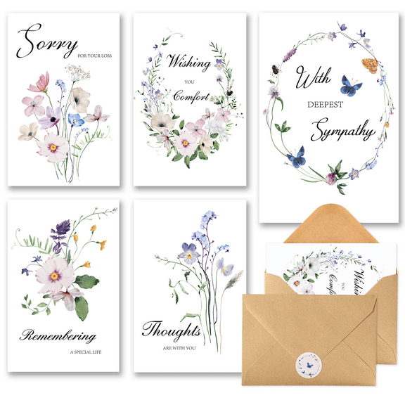 C2U 20 Pack Sympathy Cards with Envelopes (4"x6") - Condolence Cards with Thoughtful Messages & Matching Stickers