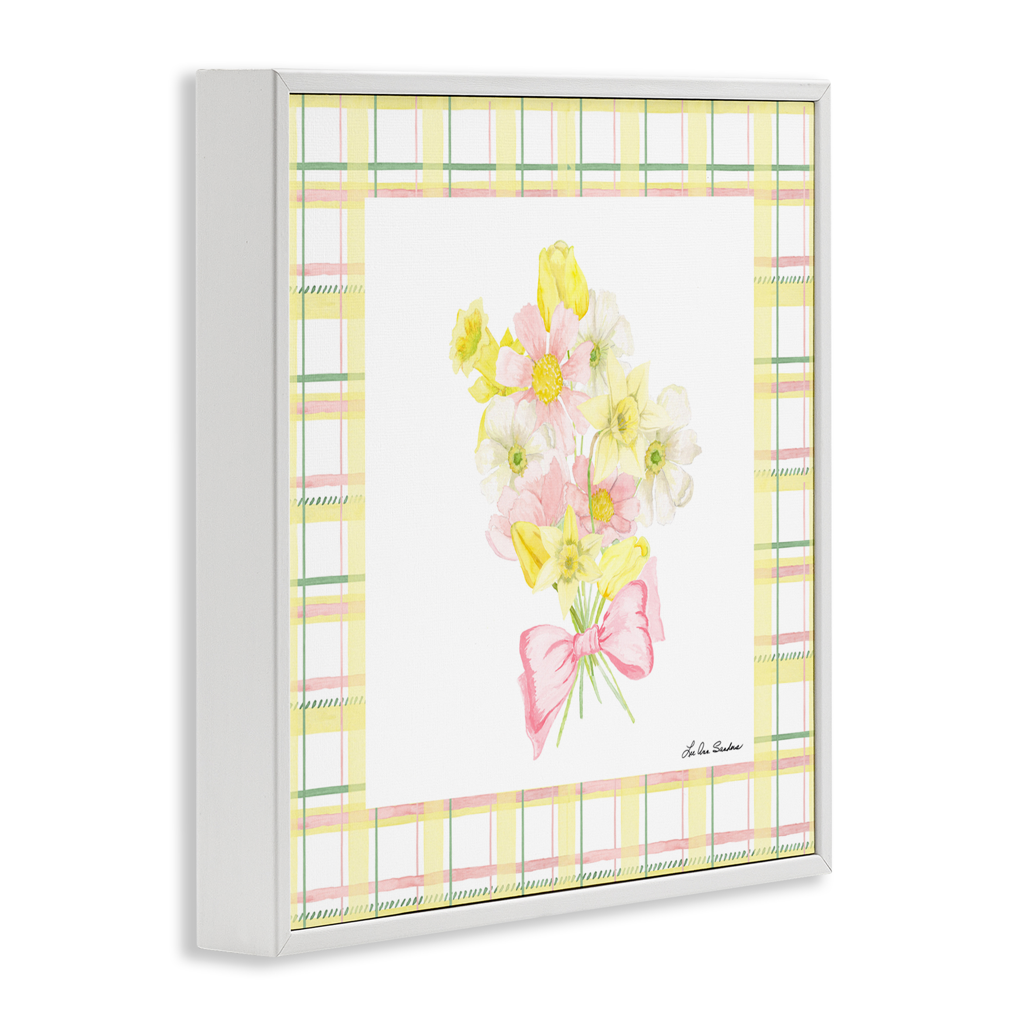 Spring Daffodils on Plaid White Framed Giclee Art, design by Lee Ann Sanders