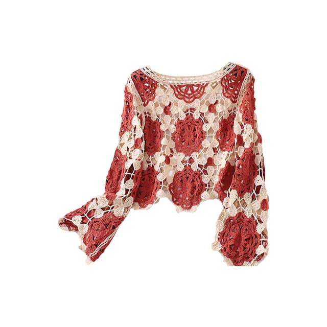 ZAXARRA Femmes Printemps Été Tricot Tops Manches Longues Col Rond Floral Crochet Casual Crop Tops