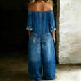 thumbnail image 6 of Off-Shoulder Denim Jumpsuit for Women, Long Sleeve Button Front Wide Leg Romper with Pockets - Washed Casual Playsuit Blue L, 6 of 6