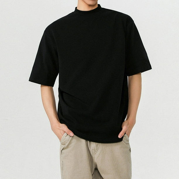 pstuiky Camisas de manga corta para hombre, Camisas casuales de manga corta, elásticas, con cuello redondo y cuello semialto de color liso para hombre camisas casuales para hombre l