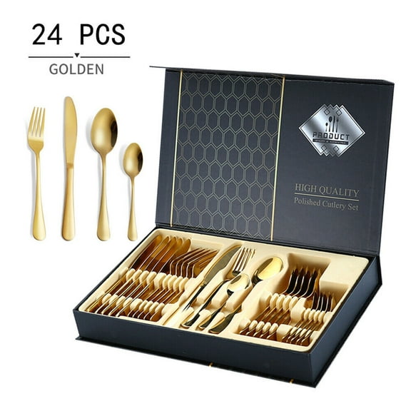JIAN YA NA 24 PCS Stainless Steel Cutlery Set Spoon Fork Flatware Dinnerware Silverware(Gold)