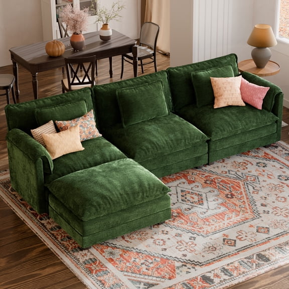 JULY'S SONG L Shaped Couch Set, 3-Seater Modular Sectional Sofa with Movable Ottoman, Deep Seat Couches and Sofas for Living Room, Comfy Cloud Couch with Detachable Cushions, Chenille Green