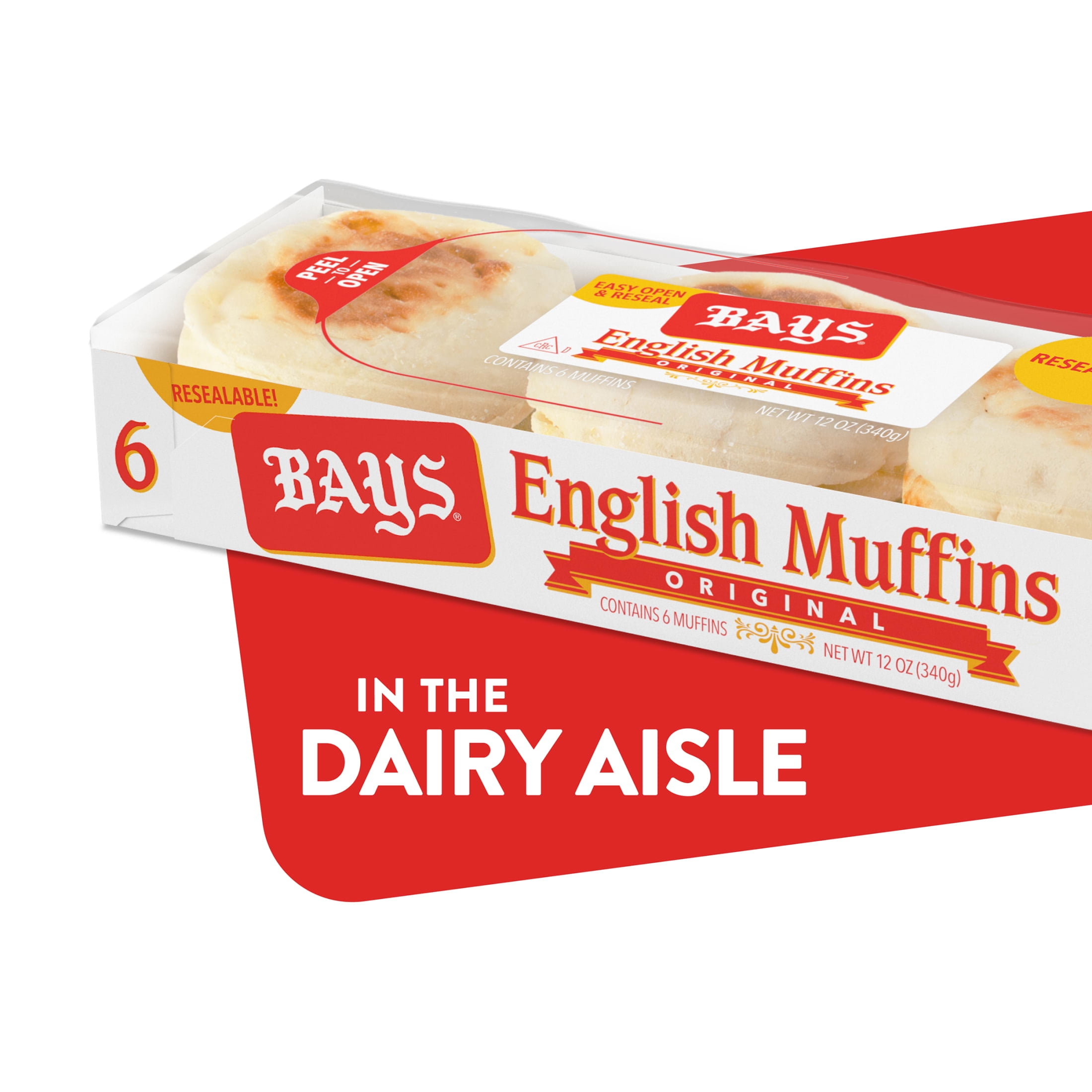 Bays Original English Muffins, 6 count, Kosher Plain Pre-sliced English Muffins, 12 oz Tray
