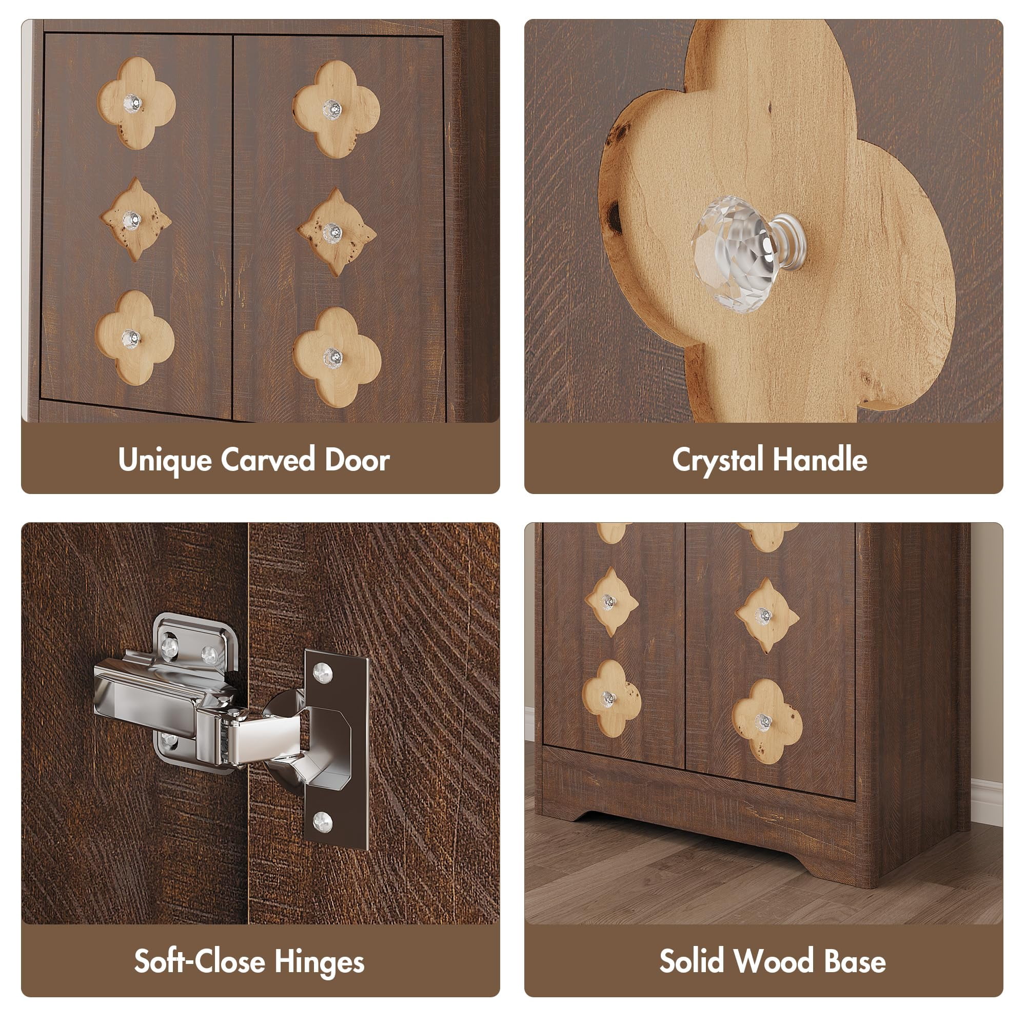 Kitchen Pantry Cabinet, 72" Tall Storage Cabinet with Countertop, Freestanding Wooden Hutch Cupboard with Carved Door & Crystal Handle, for Dining Room, Living Room