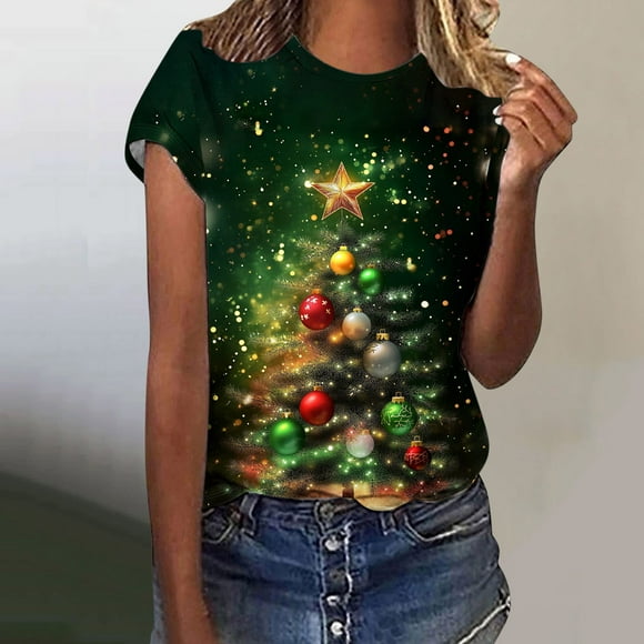 Ailaofu Christmas Shirts for Women Christmas Tree Print Short Sleeve Tops Plus Size Xmas Blouses 2025 Festival Party Shirts