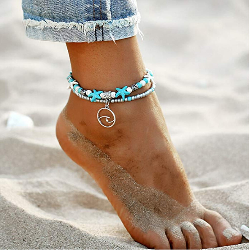 Boho Ankle Bracelet Silver Tone Women's Fashion Beaded Adjustable Beach Anklet