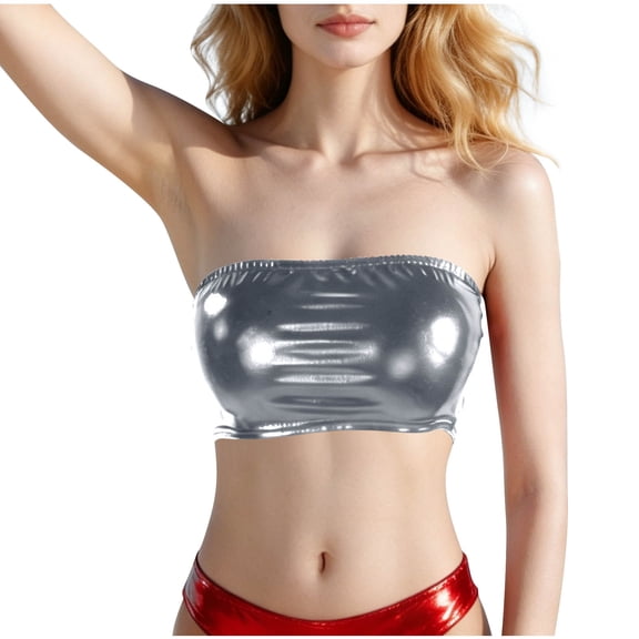 TaTaai Women Tube Top Slim Fit Strapless Solid Color Casual Metallic Shine Stage Performance Top Soft Stretchy Breathable Summer Party Wear Gift