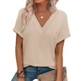 thumbnail image 3 of Womens Short Sleeve Sweater Waffle Knit Tops V Neck Spring Summer T Shirts Casual Blouses Outfits Apricot Color XL, 3 of 8