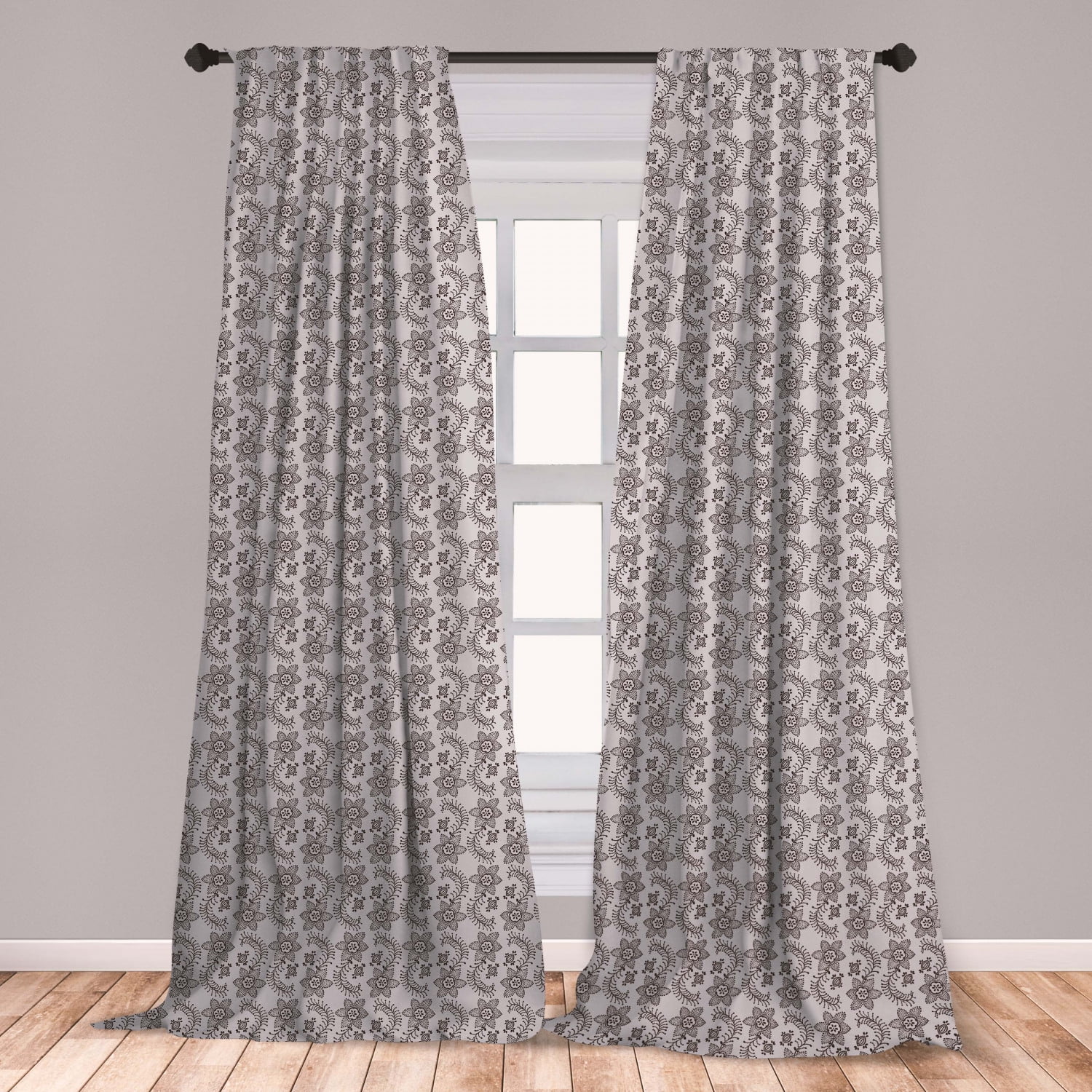Taupe Curtains 2 Panels Set, Russian Nature Flora Motif Dotted Curvy
