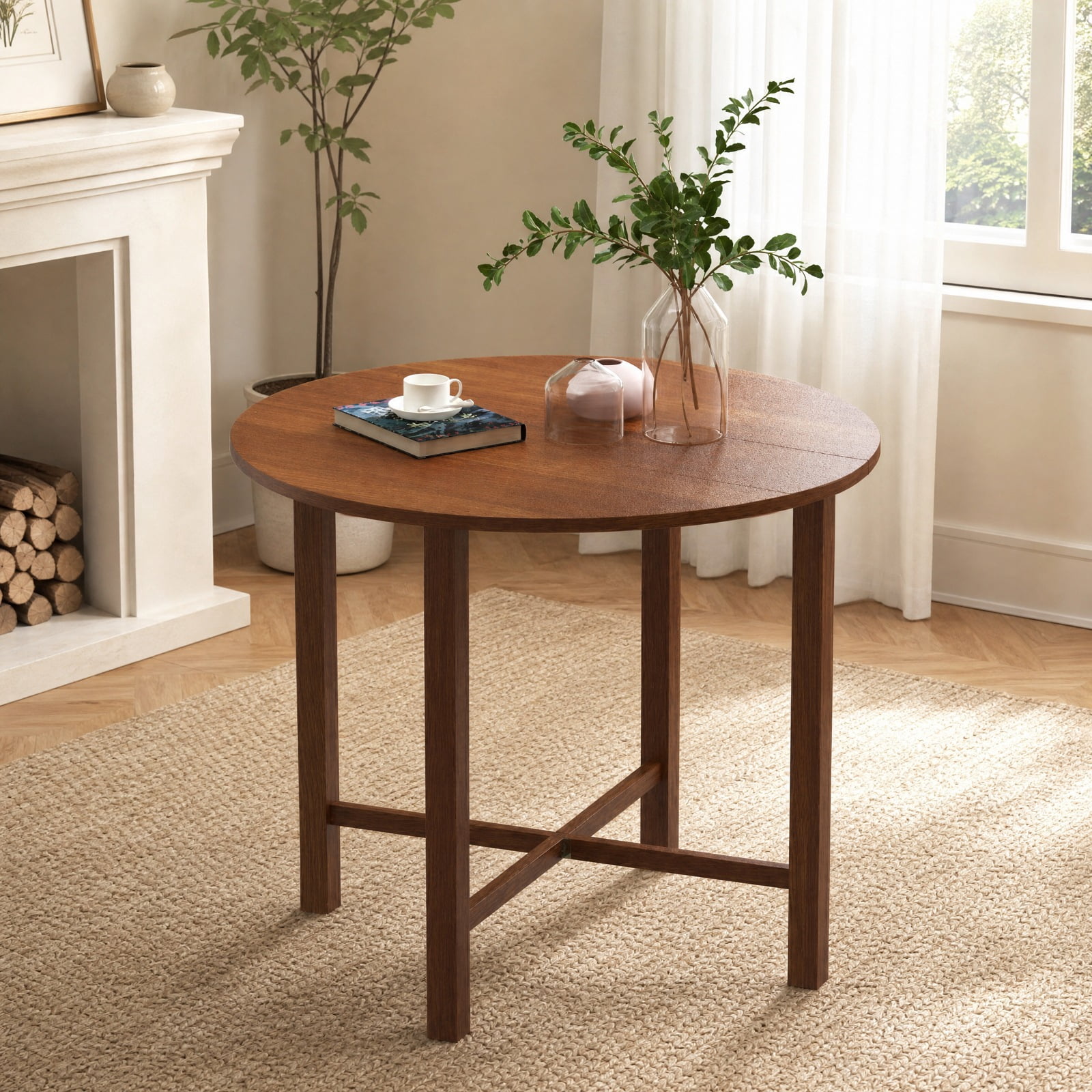 Furnibear Dual Drop Leaf Dining Table for Small Spaces with Solid Rubber Wood Frame and Folding Design for Kitchen, Walnut