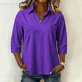 thumbnail image 3 of Women 3/4 Length Sleeve Shirts Lapel V Neck Solid Color Summer Tops Soft Cotton Casual Loose Fit T-Shirts (S, Purple), 3 of 7