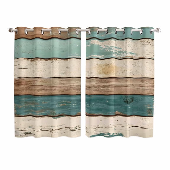 Farmhouse Teal Brown Kitchen Curtains 72 Inch Length, Retro Ombre Wooden Grommet Top Bedroom Living Room Curtains, Light Filtering Cafe Curtain Drapes 2 Panels Set 104''x72''