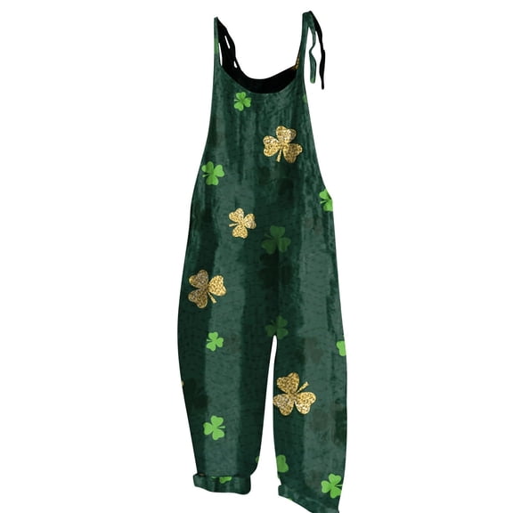 St Patricks Day -Stylish Floral Print V-Neck Wide Leg Jumpsuit With Adjustable Straps For Women'S Casual Daily Outfit