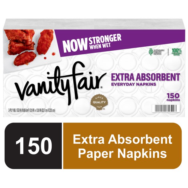 Vanity Fair Extra Absorbent Disposable Paper Napkins, White, 150 Count