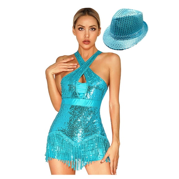 vastwit Womens Jazz Costumes Sleeveless Fringed Bodysuit Shiny Sequins Tassel Leotard with Hat Sky Blue L