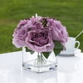 thumbnail image 2 of Enova Home Mixed Artificial Silk Roses Fake Flowers Arrangement in Cube Glass Vase with Faux Water for Home Office Wedding Decoration(Purple), 2 of 4