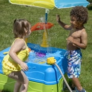 Step2 Waterpark Wonders Two-Tier Blue Plastic Outdoor Toy and Water Table for Toddler with Umbrella