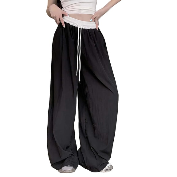 ctdiral Womens Drawstring Elastic Waist Wide Leg Pants High Waist Straight Trousers Loose Fit Pull On Pants with Pockets Lightweight Going Out Slacks Black XL