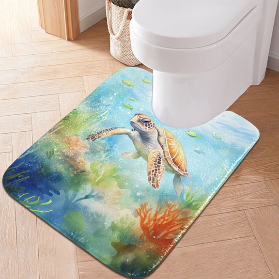 Toilet Rug U-Shaped Bathroom Rugs Non-Slip Soft Plush Machine Washable Contour Bath Mat Turtle Fish Coral 24x20