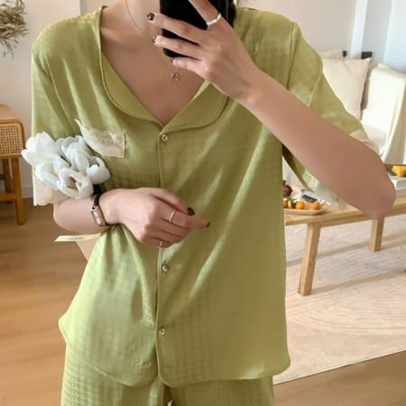 

DanceeMangoo 2 Piece Women Sleepwear Set Summer New Short Sleeve Button Lapel Pajamas for Woman Silk Fashion Sleepwear Print Sexy Pajama Set