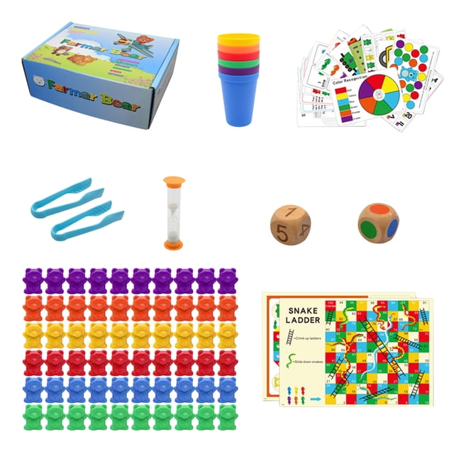 SIYTUAU Counting Bears Sorting Toy With 60 Bears; Color Matching Cups Dice Tweezers Preschool Math Game; Plastic Educational Set For Kids Number Learning Activity