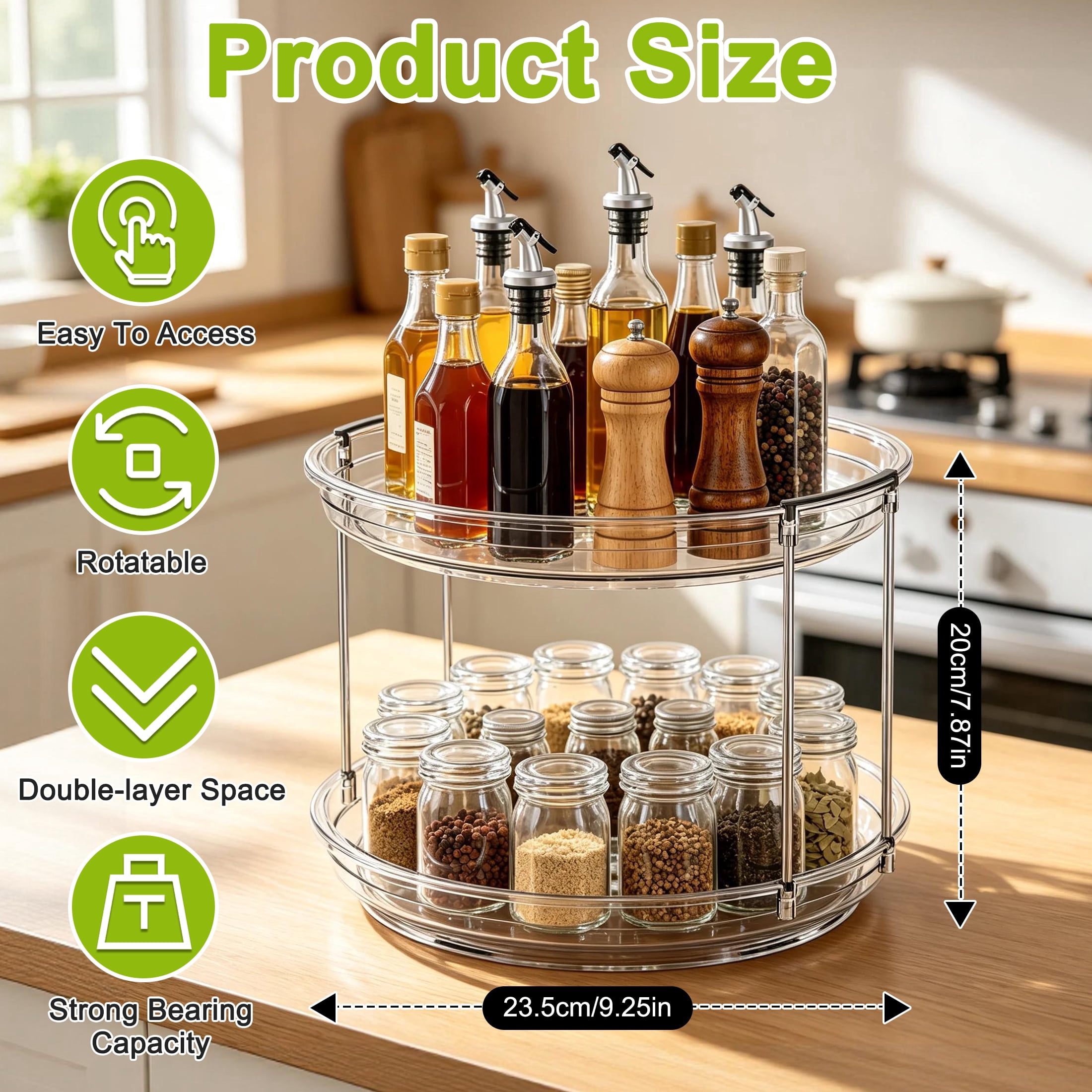 2 Tier 360° Rotating Spice Rack, Lazy Susan Cabinet Counter Organizer, Clear Turntable Spice Storage Rack, Lazy Susan Spice rack for Kitchen Countertop, Bathroom, Makeup and Office Supplies