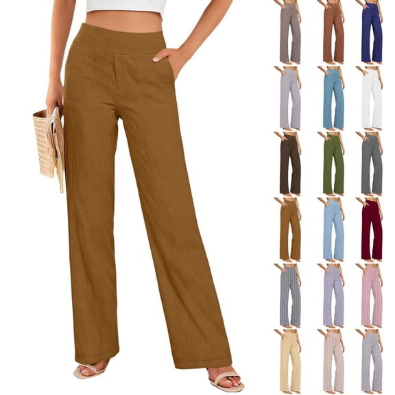 Ninixx Womens Casual High Waisted Wide Leg Pants Cotton Linen Relaxed Fit Straight Trousers with Pockets