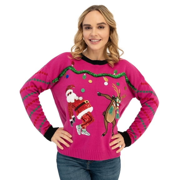 33 Degrees Women's Dancing Santa and Reindeer Ugly Christmas Sweater, Sizes XS-XXL