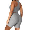 thumbnail image 3 of Women's Two Piece Casual Workout Sets Athletic Solid Color Summer Yoga Outfit 2 Piece Racerback Crop Top And High Waist Biker Shorts Tight Fit Gym Wear For Fitness Running, 3 of 8