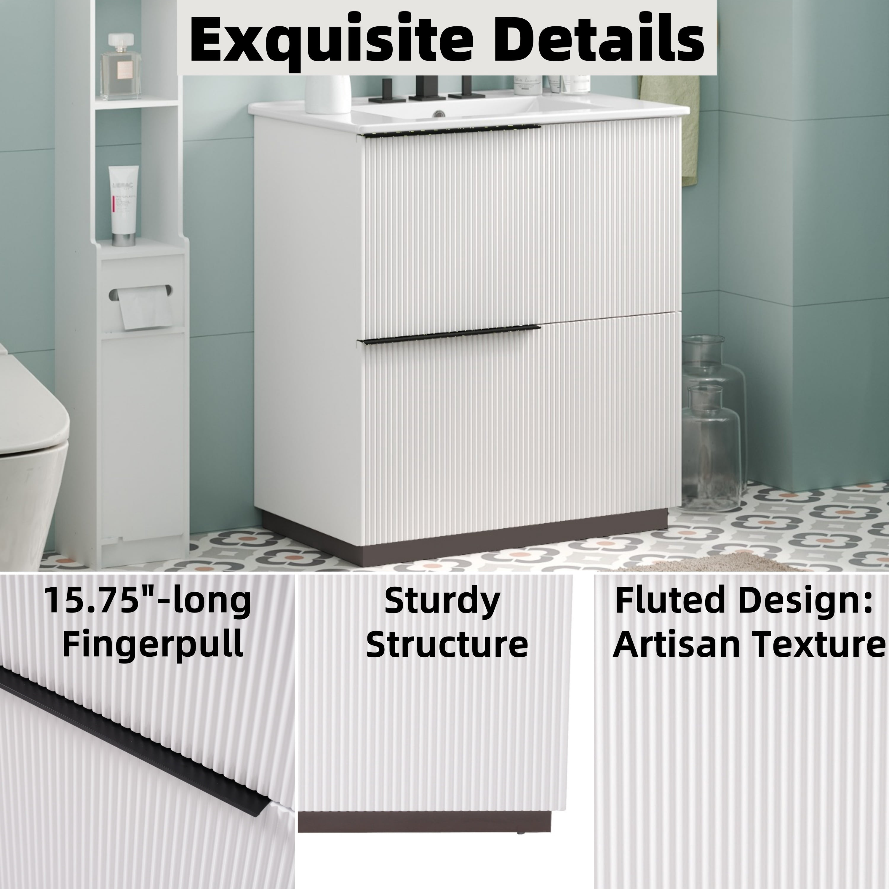Euroco 30" Bathroom Vanity with Ceramic Sink and Full-Extension Drawers, Soft Close Undermount Drawer Slides, Fluted Design, White